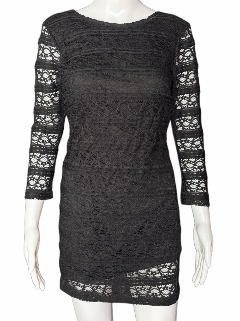 Forever 21 Contemporary Black Lace Dress Women’s Size S 3/4 Sleeve Sheath Mini